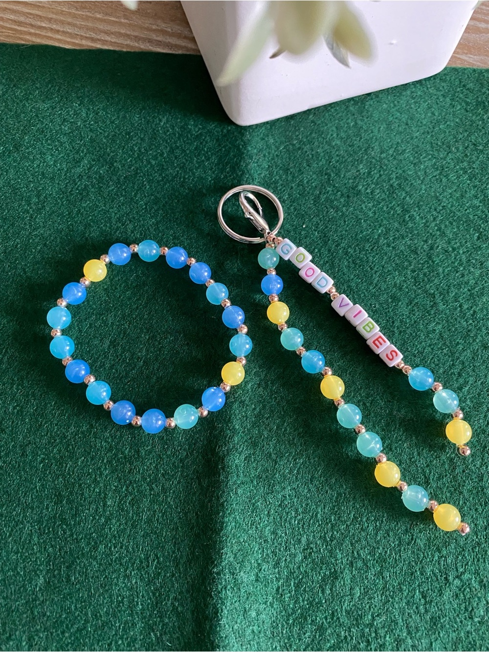 Good Vibes Beaded Keychain and bracelet set - Blue & Yellow